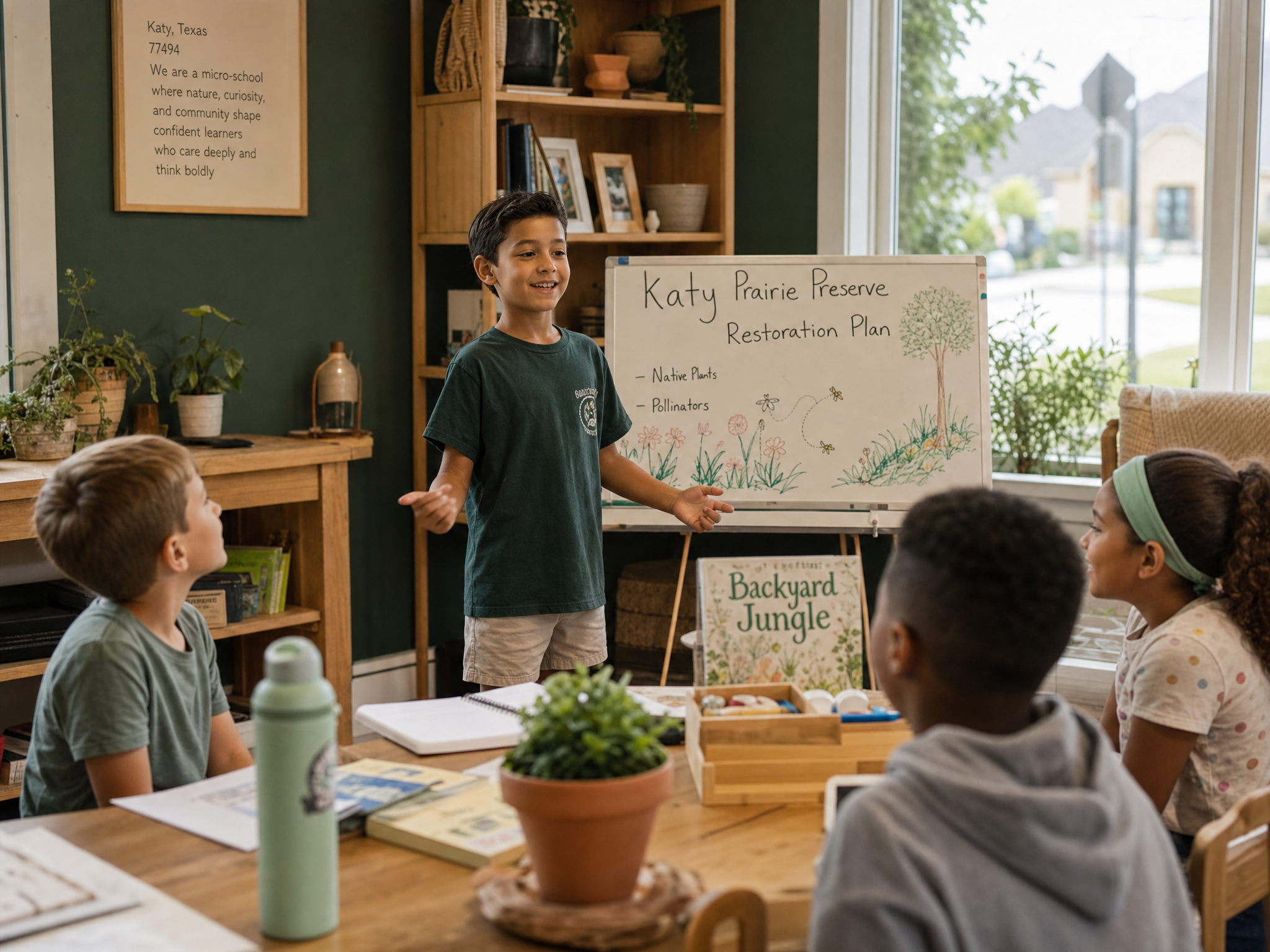 A confident young student presenting an idea to classmates at Raised & Rooted Academy